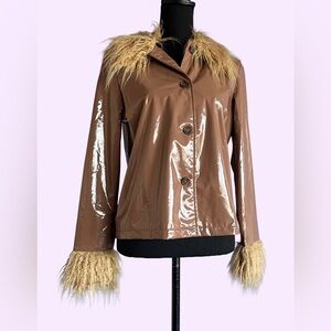 Halfheart / Dolls Kill Brown Shaggy Fuzzy Vinyl Jacket with faux fur
